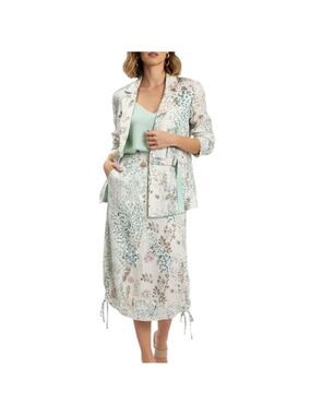 Animale pure linen ivory pink blue floral print 3 pieces jacket skirt pants S